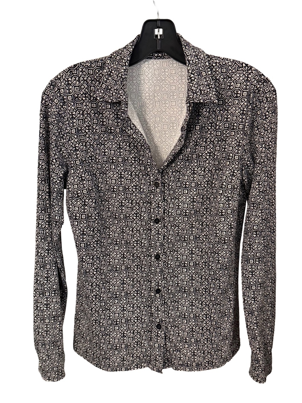 J McLaughlin Women’s Button Down Shirt Geometric Print Black & White Sz XS EUC